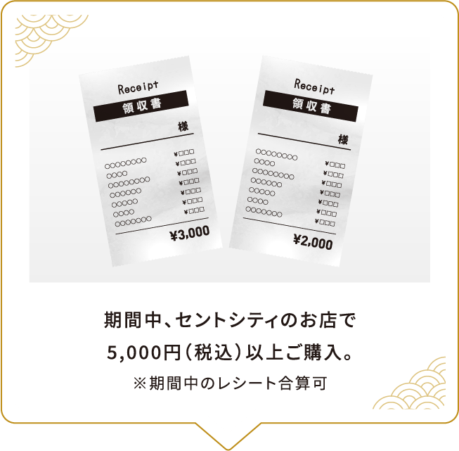 STEP1期間中、セントシティのお店で5,000円（税込）以上ご購入。※期間中のレシート合算可